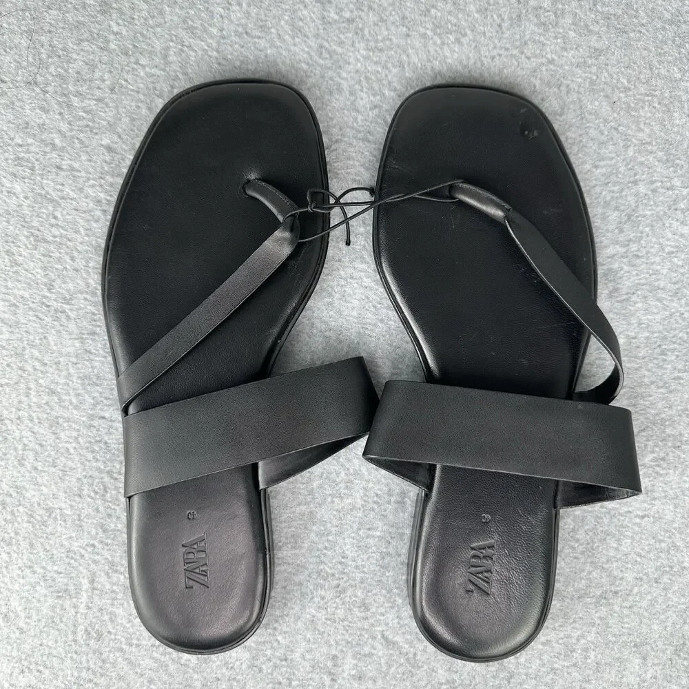 Zara Leather Sandals Womens EU 40 US 9 Black Strappy Casual Slide On Minimalist - Picture 3 of 13
